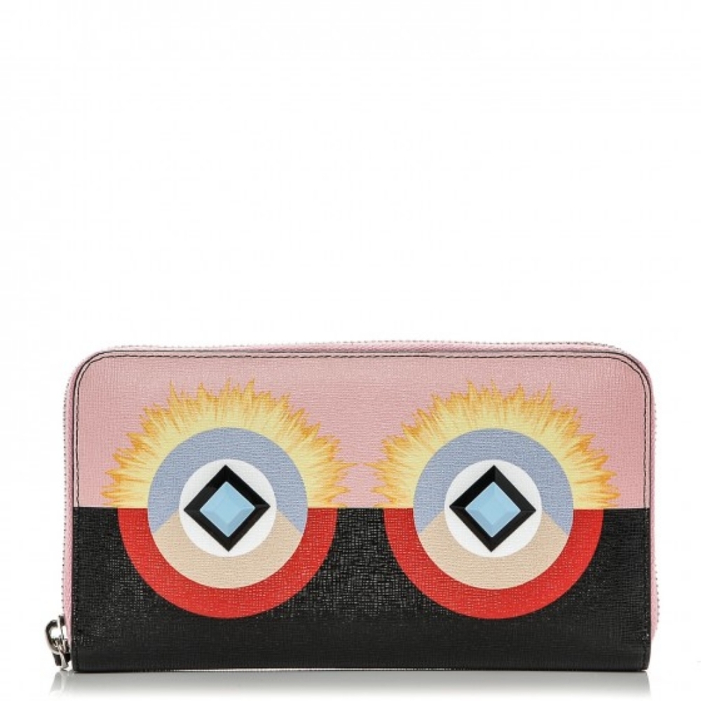 Fendi Vitello Elite Century Hypnoteyes Studded Zip Around Wallet Bubblegum Multi